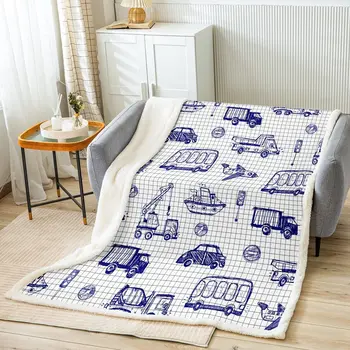 Строительное флисовое одеяло, одеяло из шерпы для строительной машины, флисовое одеяло с принтом самолета, стиль эскиза, синий