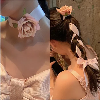 1шт Корейская милая Розовая лента, веревка для головы, темперамент девушки, резинка для волос, веревка для волос, ожерелья двойного назначения, Аксессуары для волос