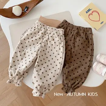 2023 Весенне-осенние брюки для маленьких девочек из хлопка в горошек, вельветовые свободные брюки-фонарики с заплатками и бантом, эластичный пояс, детские брюки для девочек