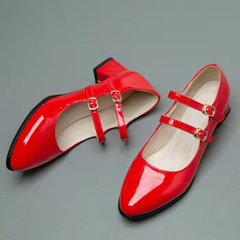 2023 Весенние женские туфли Sweet Mary Janes из лакированной искусственной кожи для девочек с двойным ремешком с пряжкой, круглым закрытым носком, на квадратном массивном каблуке, Женские туфли-лодочки