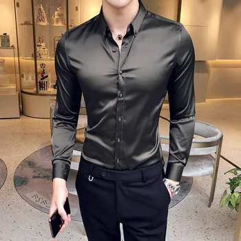 2023 Мужская рубашка с вырезом и вышивкой, Длинный рукав, Повседневная тонкая мужская рубашка, однотонная официальная деловая социальная одежда, топ