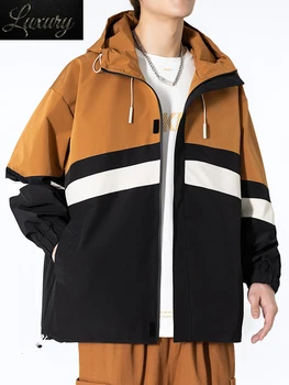 2023, Новая весенняя мужская куртка, повседневная ветровка 8XL Плюс размер, Модная рабочая одежда в стиле пэчворк, Свободные наряды на молнии, пальто-карго с капюшоном.