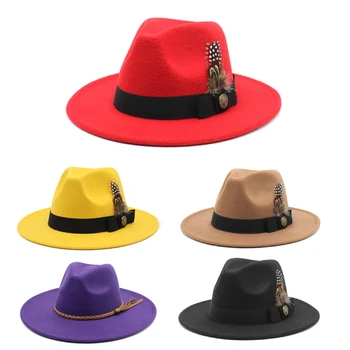 2023 Новая модная шерстяная мужская женская фетровая шляпа с пером на зиму, осенняя церковная панама с широкими полями, винтажные кепки Fascinator Jazz
