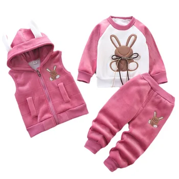 2023 Новые осенне-зимние комплекты одежды для маленьких девочек с милым кроликом, утепленный свитер + жилет + брюки, 3 шт., теплый костюм для мальчиков, детская одежда