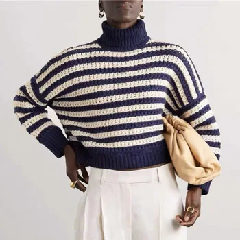 2023 Новый осенне-зимний полосатый свитер с воротником-стойкой для женщин, свитер с высокой талией