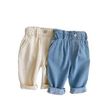 2023, Осенние Новые Детские Свободные джинсовые брюки, Однотонные Детские повседневные брюки, Джинсы для мальчиков, Одежда для малышей, Модные брюки для девочек