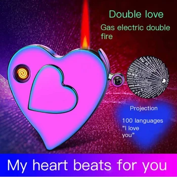 2023Loving Heart Газовая И Электрическая Зажигалка Двойного назначения Red Flame С микрогравировкой Проекционная Металлическая USB-Зажигалка Для Подарка Boyfriend 520