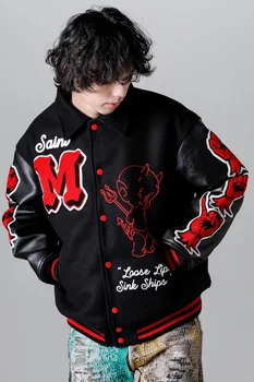 2023fw Куртка Saint с кожаным рукавом для мужчин и женщин, высококачественное пальто с вышитым логотипом, универсальная бейсбольная форма