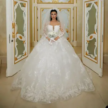2024 Роскошных свадебных платьев с прозрачным вырезом и длинными рукавами, кружевных свадебных платьев с блестками, Vestidos De Noiva Robe Mariee