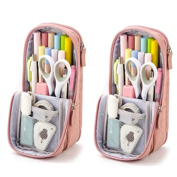 2X ANGOO Сумка для ручек, пенал, двухслойная Складная подставка, держатель для телефона, сумка для хранения канцелярских принадлежностей, офис, школа, Розовый