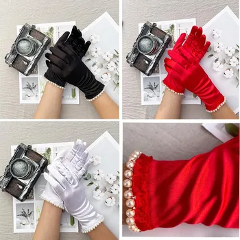 3 пары атласных женских коротких атласных перчаток для свадебной вечеринки, эластичные свадебные перчатки для девочек с жемчугом, свадебные перчатки, Свадебные Аксессуары