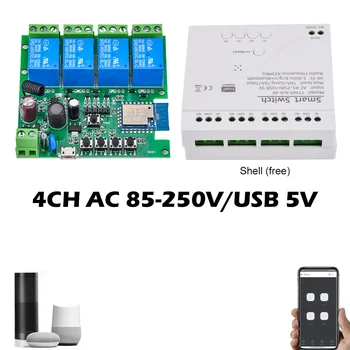 4-Канальный 433 МГц WiFi Модуль Реле Smart Control Модуль Реле Переменного Тока 85 В ~ 250 В/Micro USB 5 В Совместим с Alexa Goolge Home