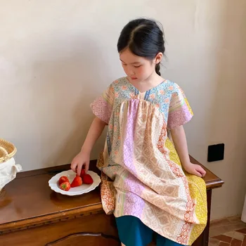 5342C Детское платье 2023, Летнее Новое Корейское модное платье для девочек с V-образным вырезом и короткими рукавами, Детское платье принцессы от 1 до 9 лет