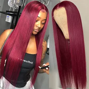99J Бордовые парики из натуральных волос на кружеве, прямые Парики из человеческих волос на кружеве размером 13x4 для чернокожих женщин, Предварительно выщипанные волосы бразильского винно-красного цвета