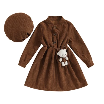 BeQeuewll/ Осеннее вельветовое платье трапециевидной формы на пуговицах с длинным рукавом для маленьких девочек, украшенное подвеской в виде медведя и беретом