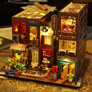 DIY Деревянные кукольные домики Scarbrough Hotel Book Nook, миниатюрные наборы моделей зданий с мебелью, Светодиодные игрушки для взрослых, подарок на День рождения
