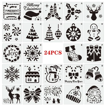 G5AA Набор из 24 многоразовых трафаретов для рождественской росписи, трафареты для рисования своими руками