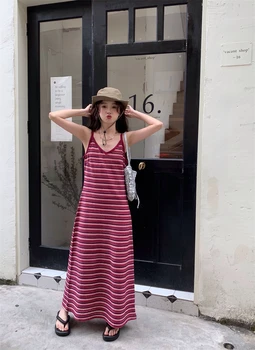 GGB4223 Полосатое платье на подтяжках, лето 2023, новое французское платье в стиле ретро с V-образным вырезом, поясом, узкая юбка-трапеция средней длины