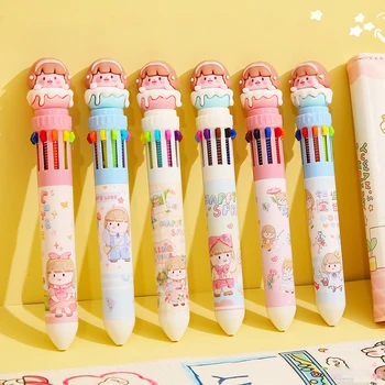 Kawaii Girls, Шариковая ручка 10 цветов, милый мультфильм, цветные чернила 0,5 мм, Гелевые ручки, Силиконовая ручка для печати, Школьный офис, Корейские канцелярские принадлежности