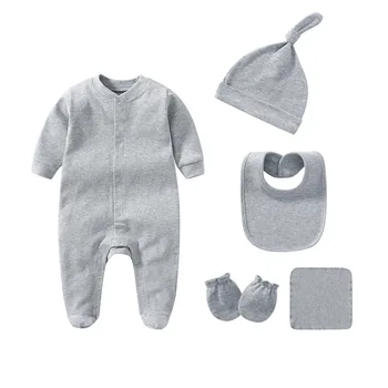 Kiddiezoom, 5 шт., комплект детской одежды унисекс, однотонный хлопковый комбинезон, шапки для новорожденных мальчиков и девочек, нагрудники, осенне-зимние костюмы для младенцев