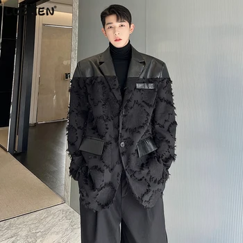 LUZHEN 2023 Мода Корейский Элегантный Грубый Край Сращивание Кожаного Дизайна Повседневный Блейзер Куртки Мужские Высококачественные Модные Пальто 4b82e6