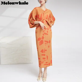 MelonWhale Miyake Pleats Dress С Принтом Негабаритных Элегантных Платьев 2023 года, Новые Летние Свободные Платья С V-образным вырезом И Рукавом 