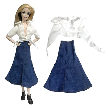 NK 1 комплект, белая рубашка принцессы 1/6, Модное синее расклешенное длинное платье, Красивая повседневная одежда для куклы Барби, Аксессуары, Подарочная игрушка
