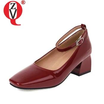 ZVQ/ Женские модные туфли-лодочки с квадратным носком, на высоком каблуке толщиной 5 см, с ремешком на щиколотке, Новый стиль, офисные женские туфли из лакированной искусственной кожи.
