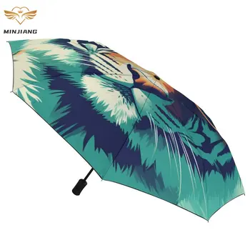 Автоматический зонт Tiger с 3 складками, графическая иллюстрация, солнцезащитные очки, черное пальто, зонт, ветрозащитные легкие зонты для мужчин и женщин