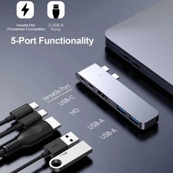 Адаптер-концентратор USB C 5-в-2 с питанием 100 Вт, 5K @ 60Hz, совместимый с HDMI для передачи данных USB C и 2 портами USB A для MacBook
