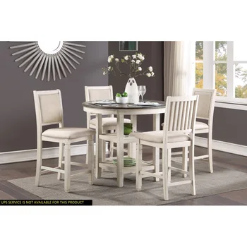Антикварный бело-коричневый стол со столешницей высотой 5 см, встроенные полки и 4 стула высотой с столешницу, деревянная мебель