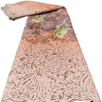 Африканская кружевная ткань с флокированием, высококачественная Французская сетчатая кружевная ткань с пайетками в Нигерийском стиле для свадебного платья