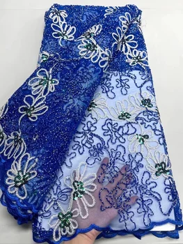 Африканская кружевная ткань Высокого качества 2022, Нигерийское сетчатое свадебное платье с вышивкой, женское Синее платье из французского тюля с пайетками