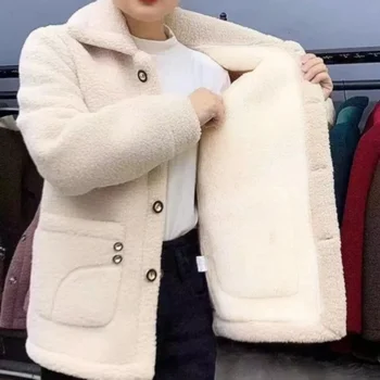 Бархатное утолщенное женское пальто средней длины из овечьего флиса с длинным рукавом Осень/Зима
