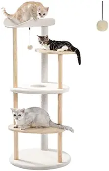 Башня для кошек на дереве для домашних кошек, 5-уровневый игровой домик для кошек, центр активности кошек с когтеточками, бежевый