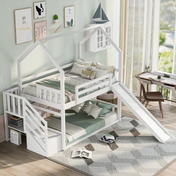 Белая двухъярусная кровать Twin over Twin House с откидной горкой, лестницей для хранения, для мебели для спальни в помещении