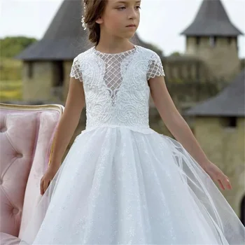 Белое пушистое платье для девочки в цветочек, Тюлевое кружевное свадебное Элегантное платье принцессы для Первого причастия, платье для вечеринки в честь Дня рождения, подарок для девочки