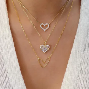 Богемное золотое ожерелье для женщин, модная многослойная цепочка, ожерелья с подвеской в виде хрустального сердца, Ювелирные подарки e871