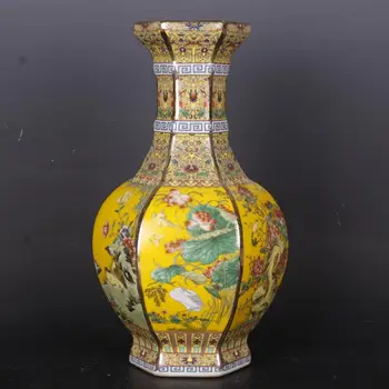 Большой размер 32 см, Цин Цяньлун расписан золотом, эмалью, яркими цветами и птицами, шестиугольная ваза, антикварный фарфор, мебель для дома