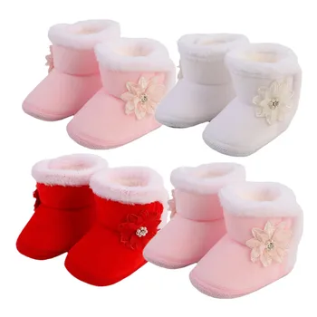 Ботинки для новорожденных, обувь для маленьких девочек, Бант, Бархатные хлопковые пинетки для первых ходунков, хлопковая теплая обувь для детской кроватки