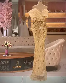 Великолепное золотое платье русалки для выпускного вечера с открытыми плечами, вечернее платье на заказ, расшитое блестками, расшитое бисером, свадебное платье для вечеринки