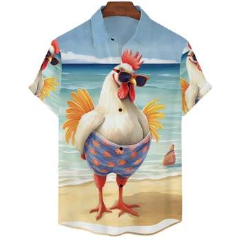 Веселый Цыпленок, Мужская Рубашка, Забавная Милая Мужская Гавайская Рубашка С Коротким Рукавом, Повседневный Топ, Пляжная Вечеринка, Модная Рубашка С 3D Принтом Животных Для Мужчин
