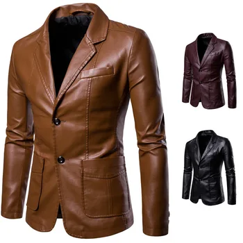 Весенне-осенняя мода, новое мужское повседневное кожаное платье с лацканами, пальто / Мужская мода, деловые повседневные пиджаки из искусственной кожи, куртка