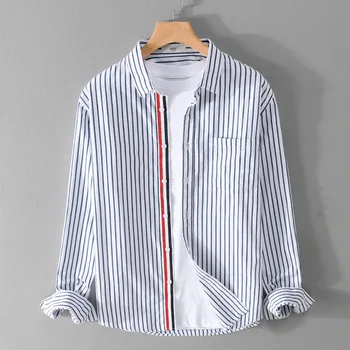 Весенне-осенняя мужская одежда, повседневная Свободная хлопчатобумажная рубашка в полоску с лацканами, молодежная повседневная модная универсальная верхняя рубашка