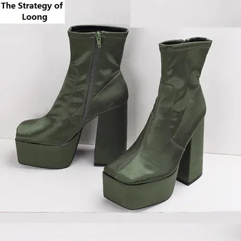 Весна-осень, Новые сексуальные тонкие туфли на очень высоком каблуке с квадратным носком и платформой, Зеленый Размер 36-42, Шелковые женские Полуботинки до середины икры 2307