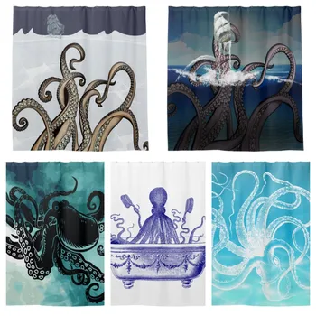 Винтажная иллюстрация Океанского осьминога, Кракена и парусника, занавеска для душа, крючок для занавески в ванной, декоративная занавеска в ванной комнате