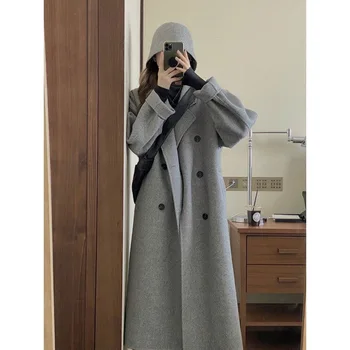 Винтажное шерстяное пальто средней длины для офисных леди, женское зимнее утепленное Корейское Свободное Однобортное Уличное пальто из смеси шерсти