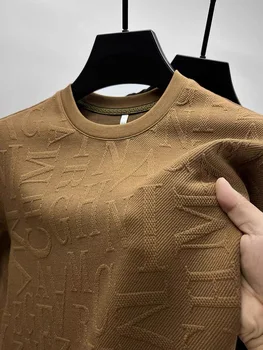 Высококачественная жаккардовая футболка с длинными рукавами и буквами, мужская осень 2023, новый повседневный свитер с круглым вырезом, модный брендовый пуловер