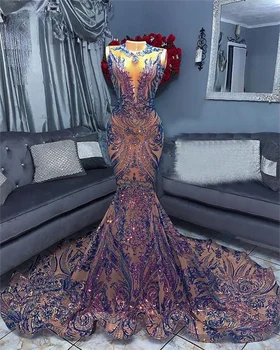 Высококачественное кружевное длинное платье 2023, сексуальная русалка, Лавандовые блестки, Африканские женщины, Черные девушки, Вечернее платье для вечеринки знаменитостей, Вечернее платье