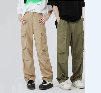 Высококачественные повседневные брюки, мужские брюки-карго с несколькими карманами, Прямые брюки на молнии, свободные повседневные брюки цвета хаки, армейский зеленый, для бега трусцой.